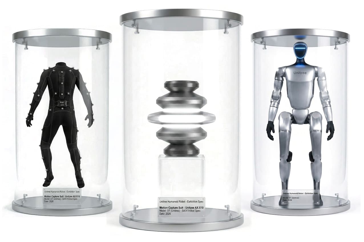 Genesis bundle hardware pods — motion capture suit, control model, and humanoid robot